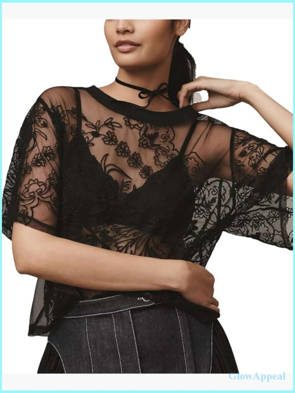 Women's Lace Mesh Sheer Blouse Short Sleeve Crew Neck Floral Top